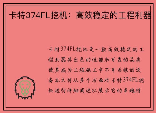 卡特374FL挖机：高效稳定的工程利器
