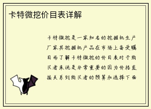 卡特微挖价目表详解