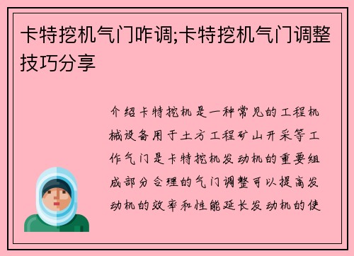 卡特挖机气门咋调;卡特挖机气门调整技巧分享